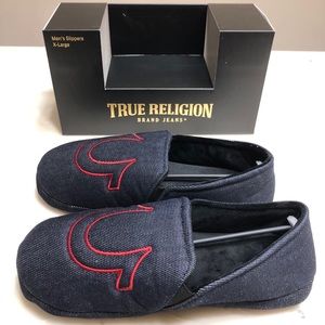 TRUE RELIGION DENIM SLIPPERS SHOES Navy Red Slip on Fleece Lined